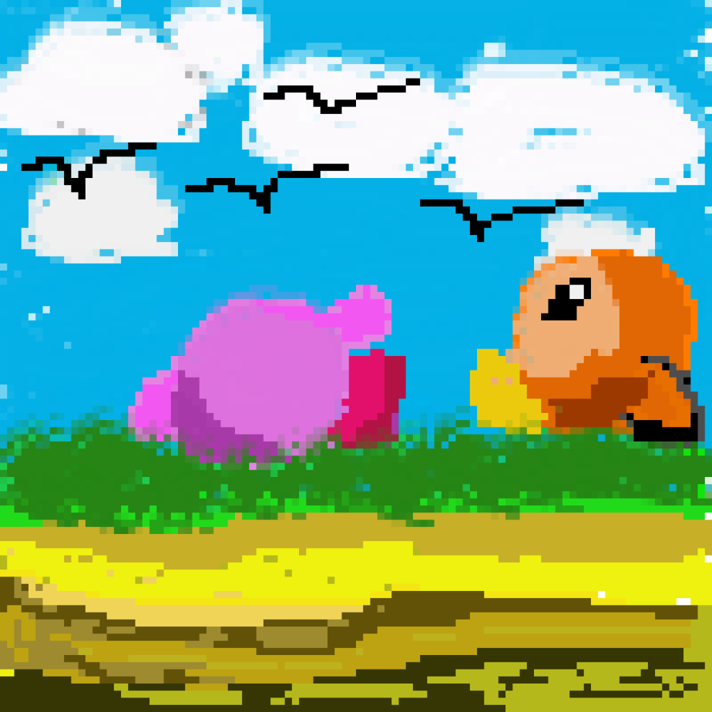 illustration of Kirby and Waddledee characters looking at birds in the sky