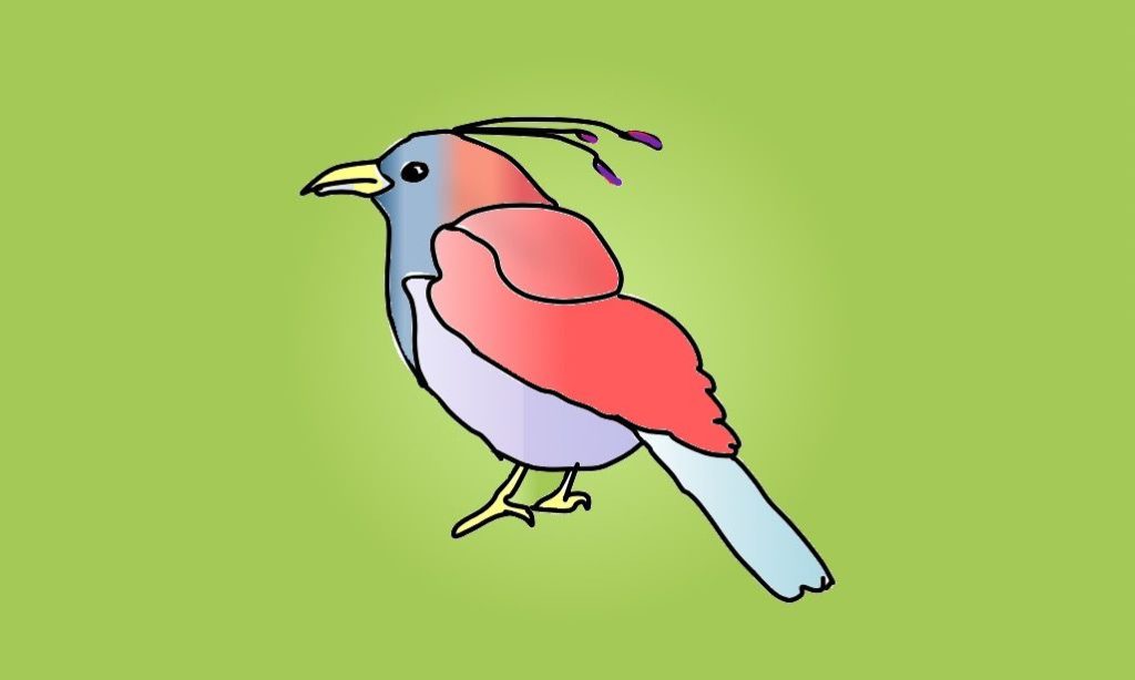 Drawing of a red bird with a blue face on a green background