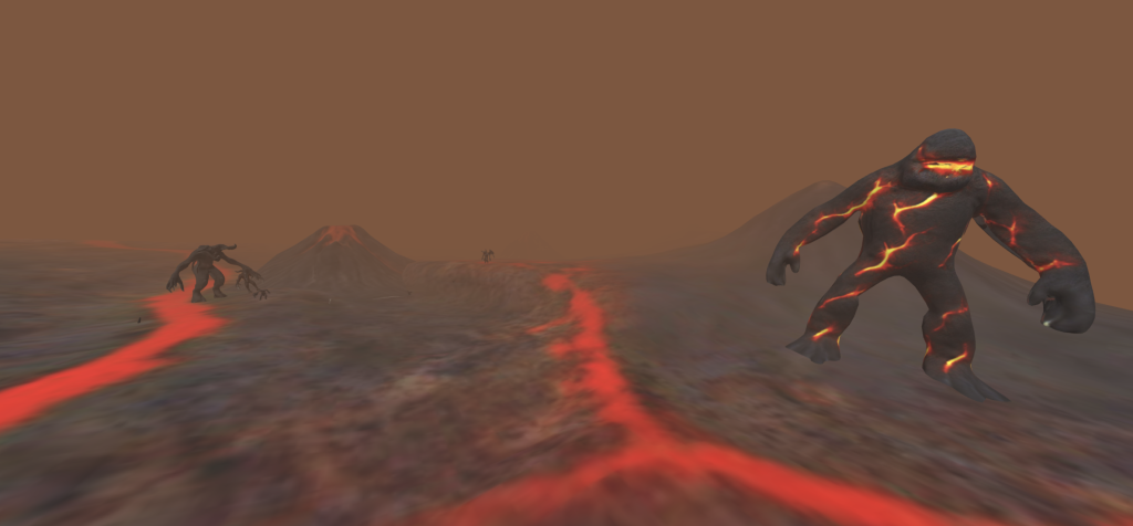 Virtual reality illustration made by TKU student. Picture features volcanos with lava on the ground and two monsters. 
