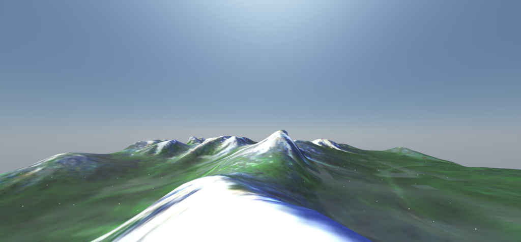 Virtual reality picture made by a TKU student. Picture features blue sky and mountains that look like waves.